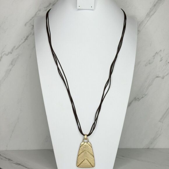Chicos Gold Tone Chevron Pendant Brown Multi Strand Cord Necklace ✨ - Picture 1 of 14